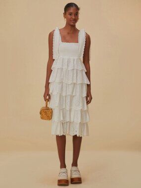 NWT FARM Rio White Embroidered Ruffles Midi Dress Size Small Stretch Eyelet